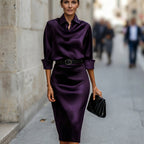 Midi Dress Wedding Guest Satin Draped Collar Figure Skimming | Xanthe