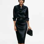Midi Dress Wedding Guest Satin Draped Collar Figure Skimming | Xanthe