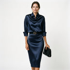 Midi Dress Wedding Guest Satin Draped Collar Figure Skimming | Xanthe