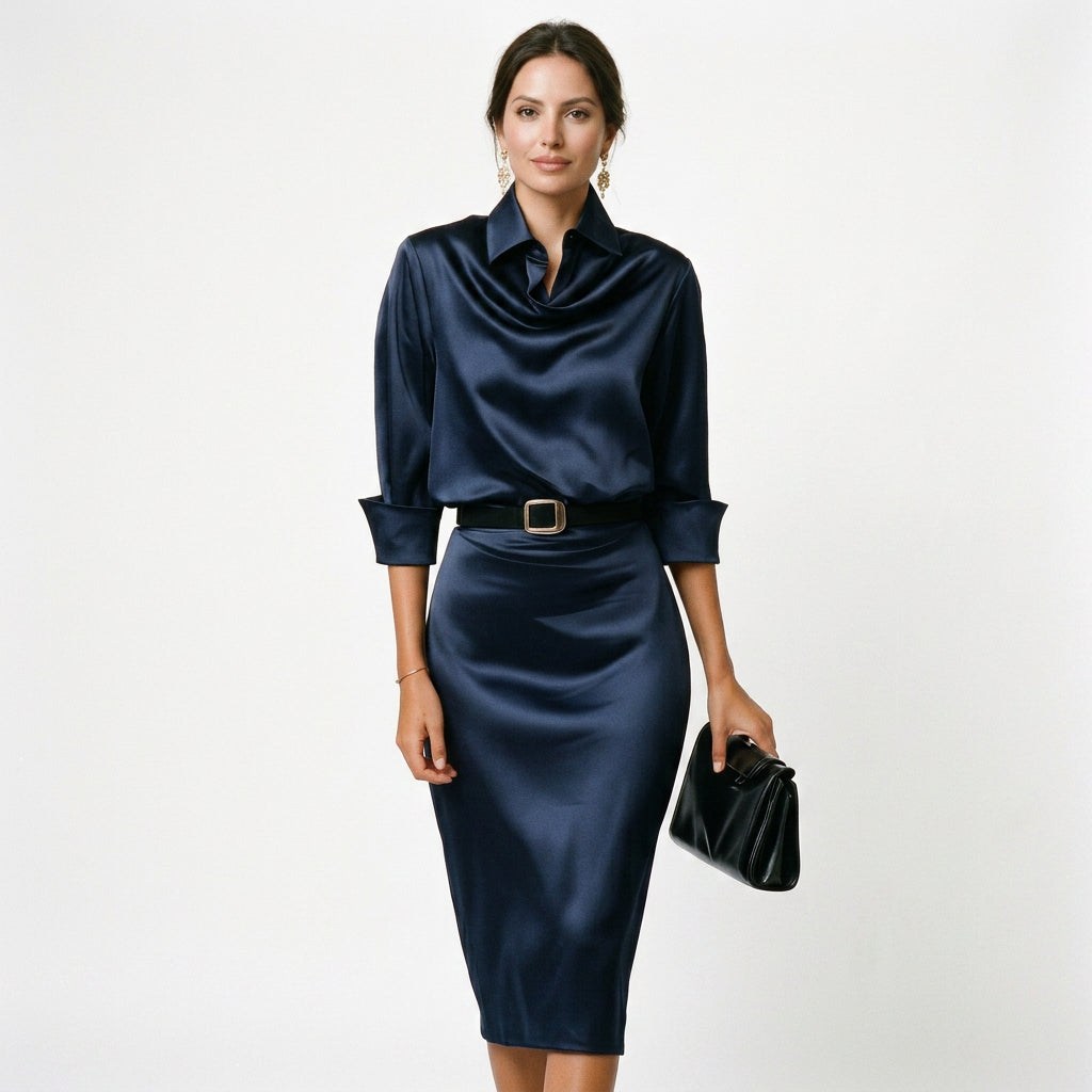 Midi Dress Wedding Guest Satin Draped Collar Figure Skimming | Xanthe