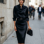 Midi Dress Wedding Guest Satin Draped Collar Figure Skimming | Xanthe