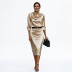 Midi Dress Wedding Guest Satin Draped Collar Figure Skimming | Xanthe