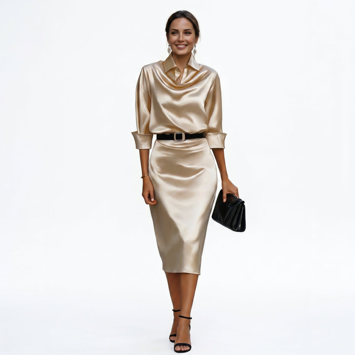 Midi Dress Wedding Guest Satin Draped Collar Figure Skimming | Xanthe