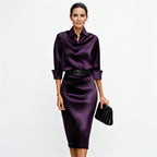 Midi Dress Wedding Guest Satin Draped Collar Figure Skimming | Xanthe