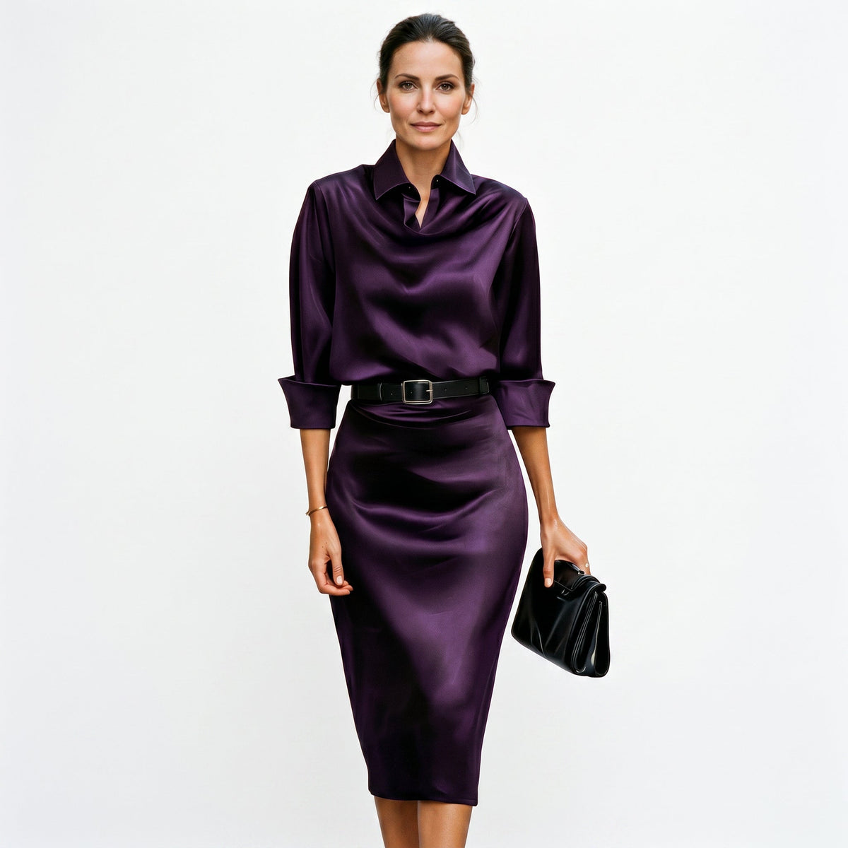 Midi Dress Wedding Guest Satin Draped Collar Figure Skimming | Xanthe