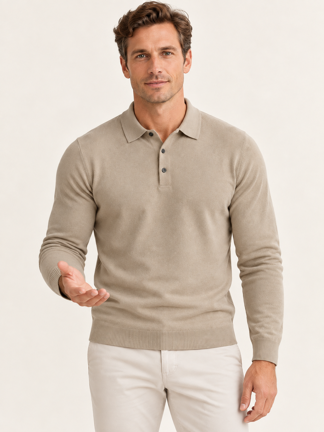 Men Polo Shirt Long Sleeve Knitted Ribbed Cuff Autumn Winter