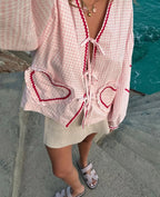 Dahlia | Women's Heart Blouse | Gingham, Ruffle, Tie-Front | Romantic