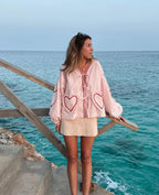 Dahlia | Women's Heart Blouse | Gingham, Ruffle, Tie-Front | Romantic
