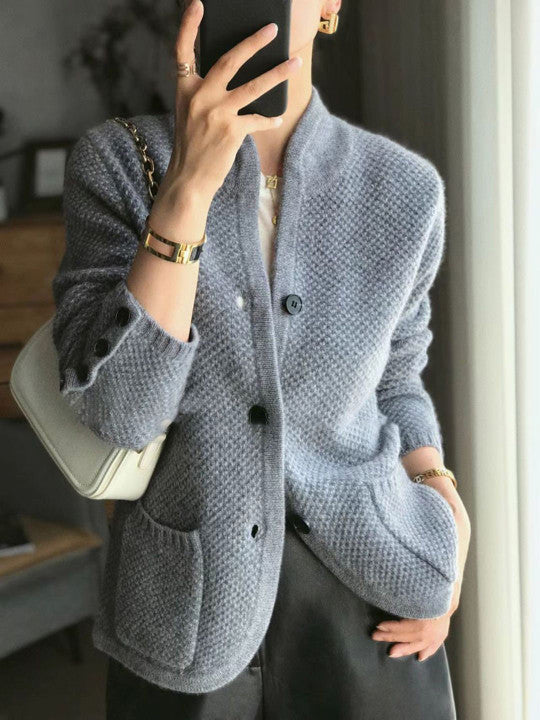 Women knit cardigan stand collar button front textured waffle knit