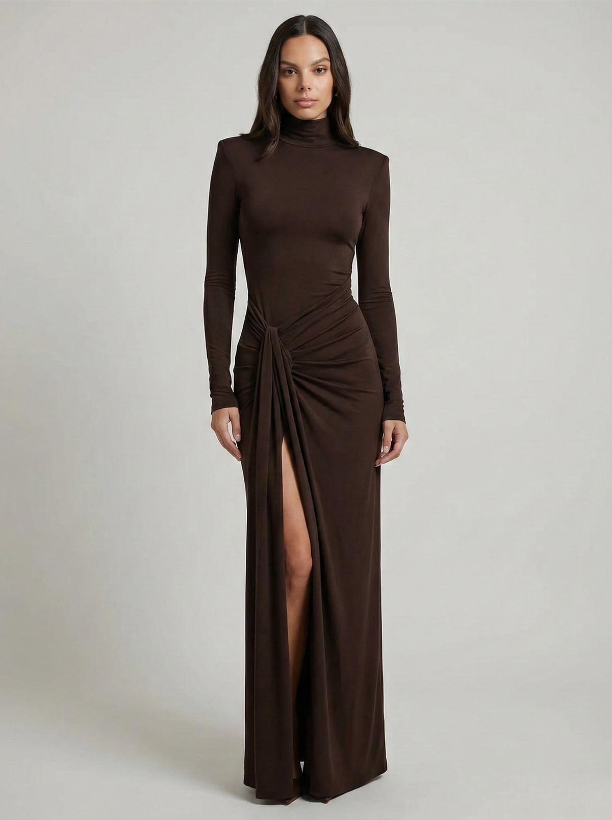 Greta | Women's Ruched Maxi Dress | Brown, High Neck, Slit