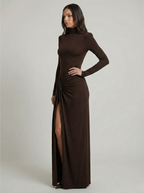 Greta | Women's Ruched Maxi Dress | Brown, High Neck, Slit