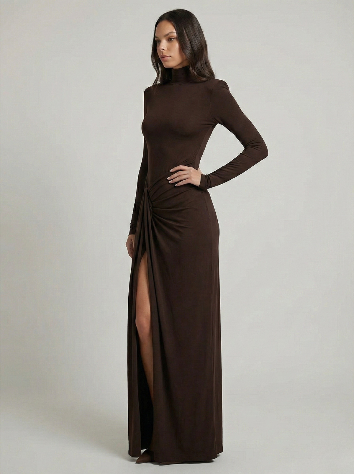 Greta | Women's Ruched Maxi Dress | Brown, High Neck, Slit