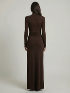 Greta | Women's Ruched Maxi Dress | Brown, High Neck, Slit