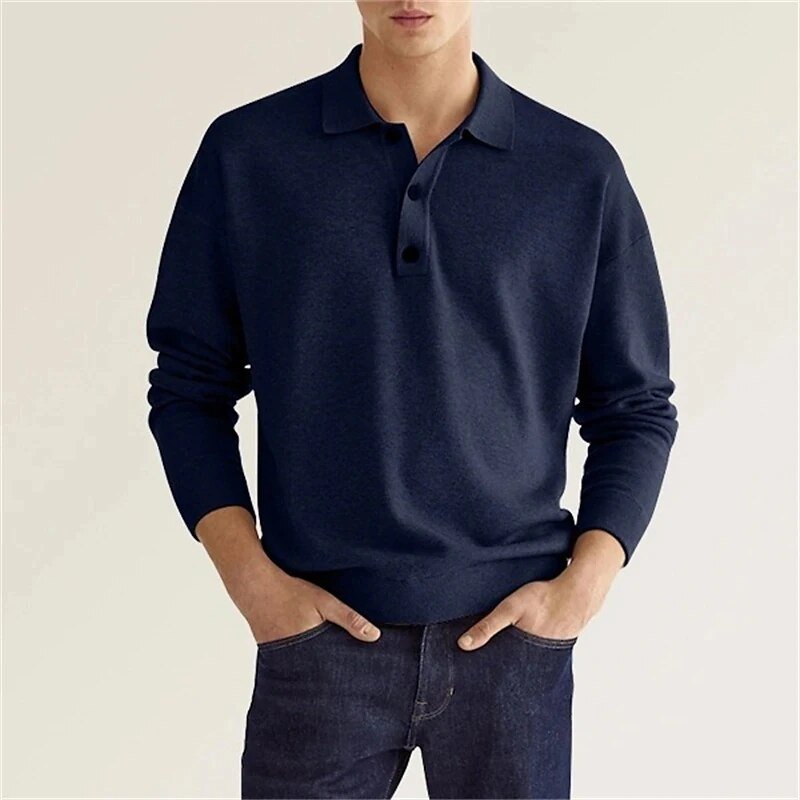 Men Polo Shirt Long Sleeve Fine Knit Casual Autumn Winter Wear