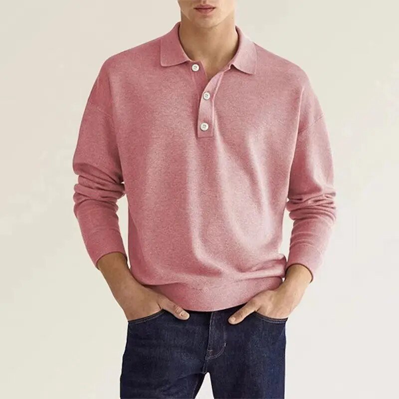 Men Polo Shirt Long Sleeve Fine Knit Casual Autumn Winter Wear