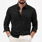 Men Polo Shirt Long Sleeve Worker Style Utility Chest Pockets