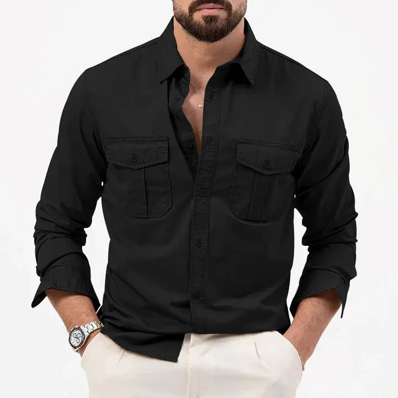 Men Polo Shirt Long Sleeve Worker Style Utility Chest Pockets
