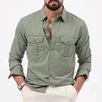 Men Polo Shirt Long Sleeve Worker Style Utility Chest Pockets