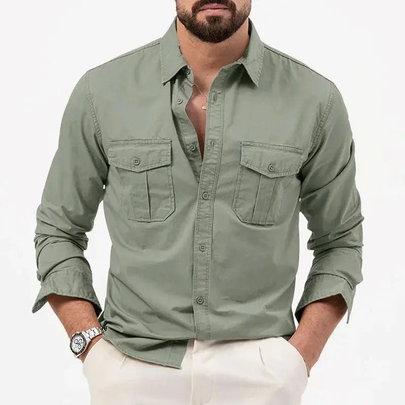 Men Polo Shirt Long Sleeve Worker Style Utility Chest Pockets