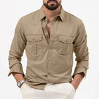Men Polo Shirt Long Sleeve Worker Style Utility Chest Pockets