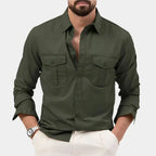 Men Polo Shirt Long Sleeve Worker Style Utility Chest Pockets