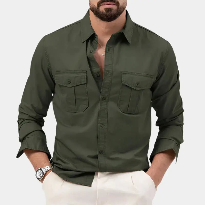 Men Polo Shirt Long Sleeve Worker Style Utility Chest Pockets