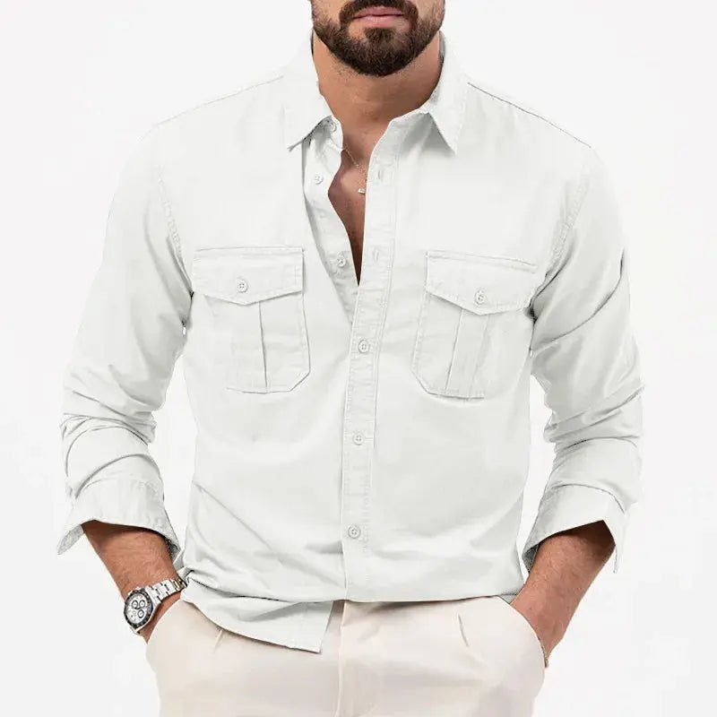 Men Polo Shirt Long Sleeve Worker Style Utility Chest Pockets