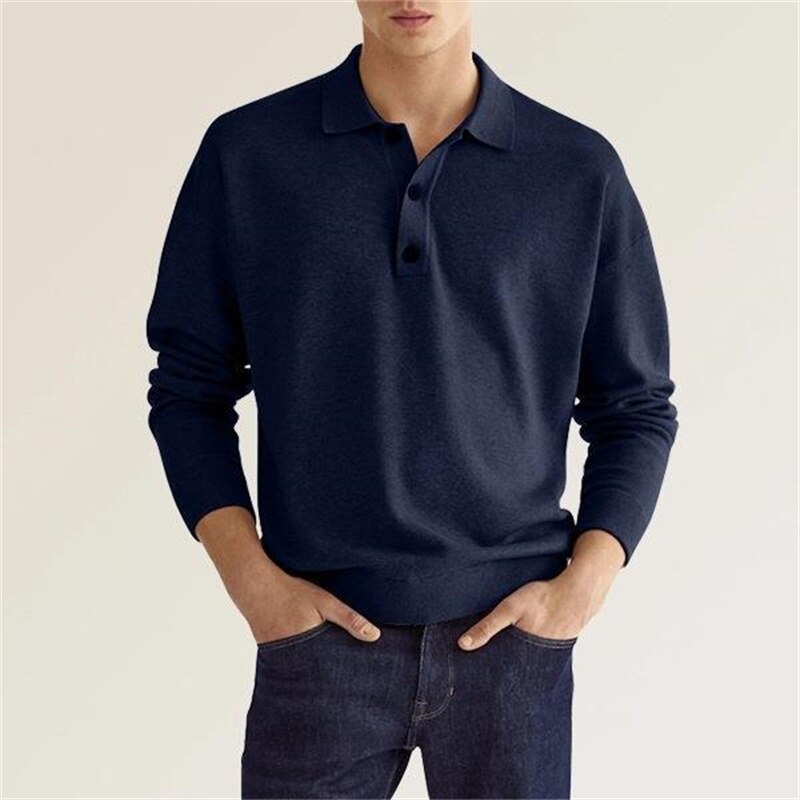 Polo Shirt Men Long Sleeve Button Placket Regular Fit Collar