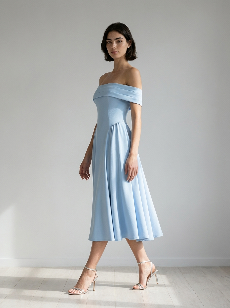 Midi Dress Women Off Shoulder Fitted Bodice Pleated Flared Skirt