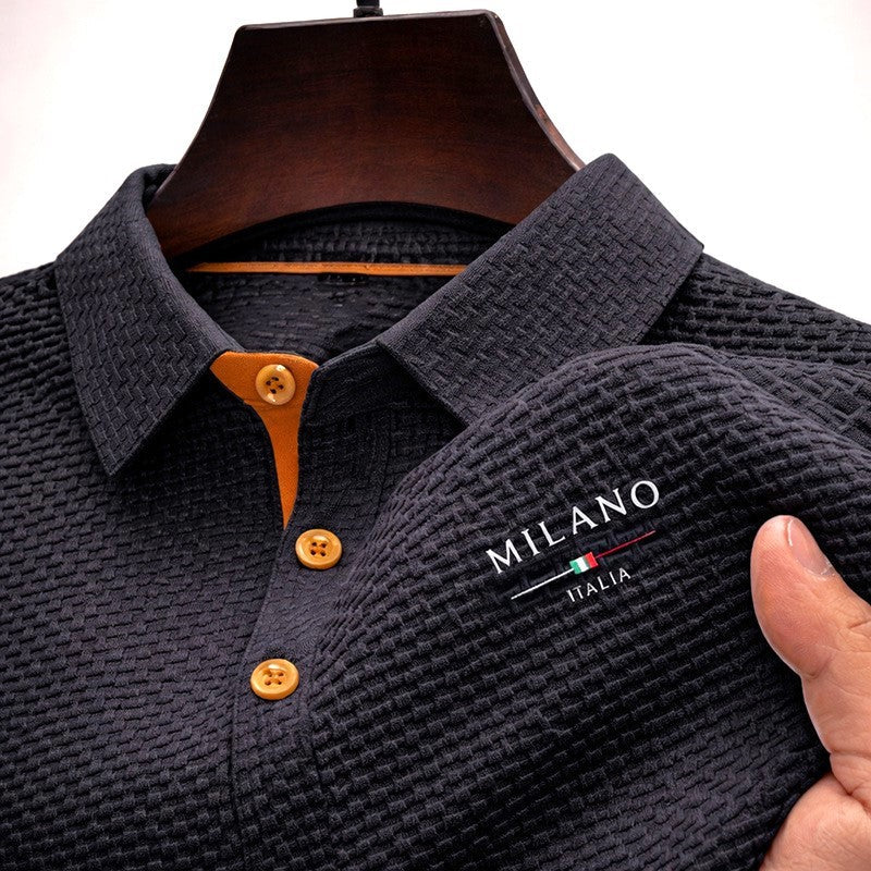 Men Polo Shirt Textured Structured Fabric Button Placket Collar