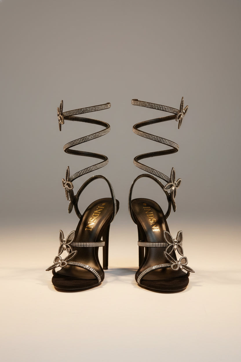 Women Heeled Sandals Stiletto Heel Rhinestone Butterfly Crystal