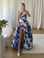 Amara | Maxi Dress | Strapless Floral, A-Line Silhouette | Blue