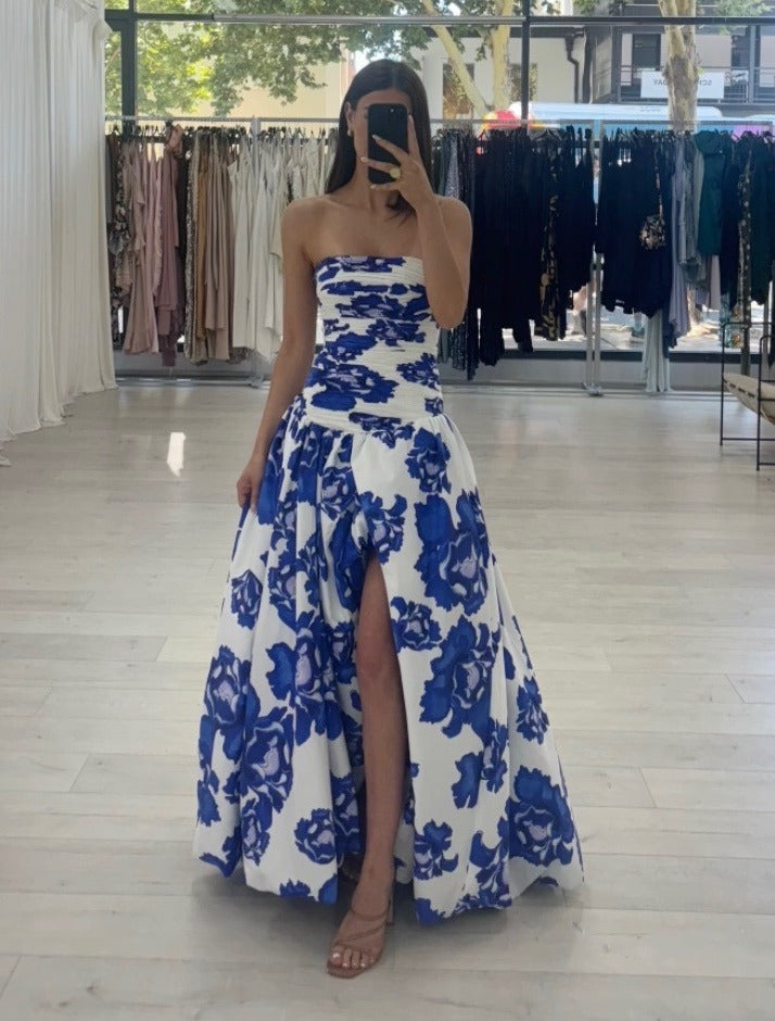 Amara | Maxi Dress | Strapless Floral, A-Line Silhouette | Blue