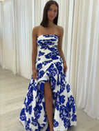 Amara | Maxi Dress | Strapless Floral, A-Line Silhouette | Blue