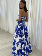 Amara | Maxi Dress | Strapless Floral, A-Line Silhouette | Blue