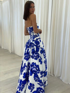 Amara | Maxi Dress | Strapless Floral, A-Line Silhouette | Blue