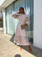 Midi Dress Women Lace High Neck Puff Sleeve A-Line | Cora