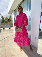 Midi Dress Women Lace High Neck Puff Sleeve A-Line | Cora