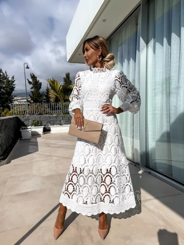 Midi Dress Women Lace High Neck Puff Sleeve A-Line | Cora