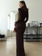 Greta | Women's Ruched Maxi Dress | Brown, High Neck, Slit