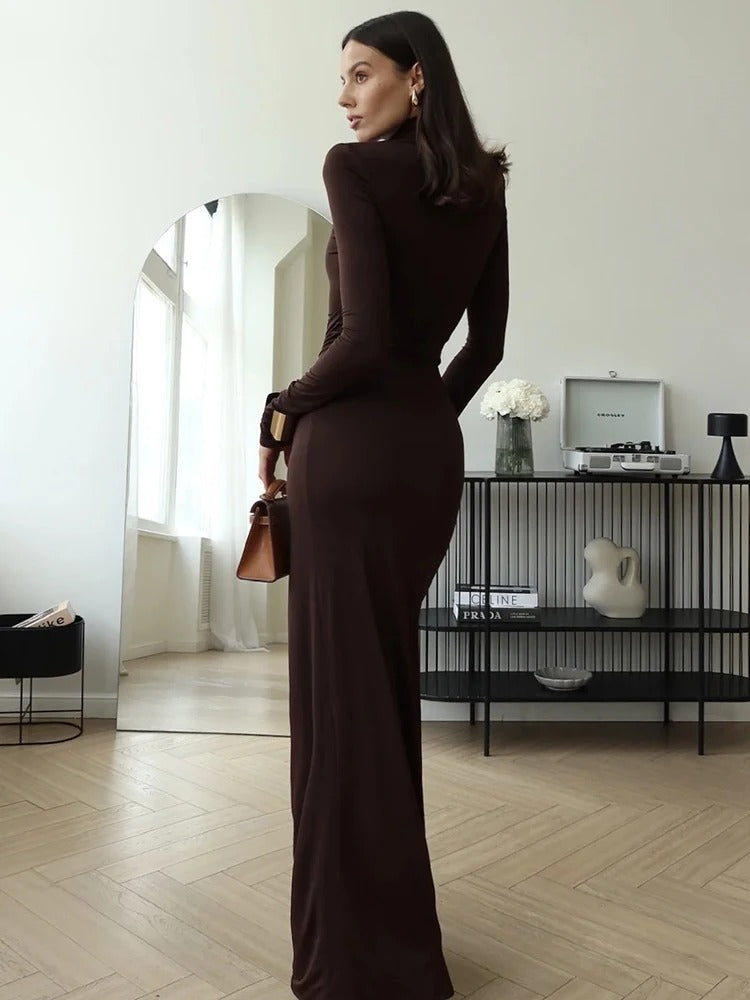 Greta | Women's Ruched Maxi Dress | Brown, High Neck, Slit