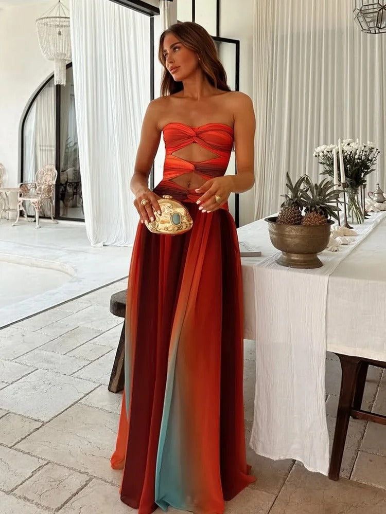 Freya | Maxi Dress | Strapless, Hollow-Out, A-Line | Red, Summer