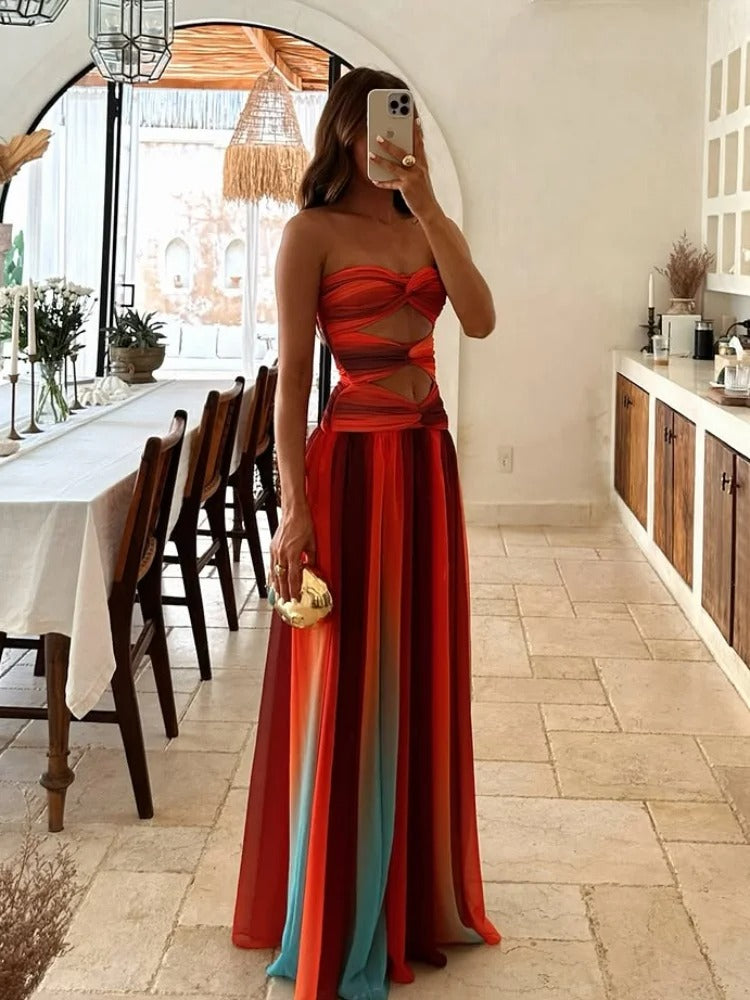 Freya | Maxi Dress | Strapless, Hollow-Out, A-Line | Red, Summer