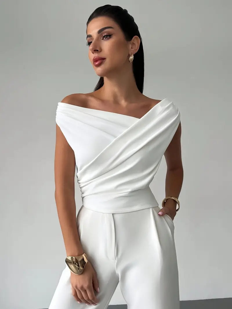 Honor | Women's Draped Shoulder Top | Cross Detail, Stretch