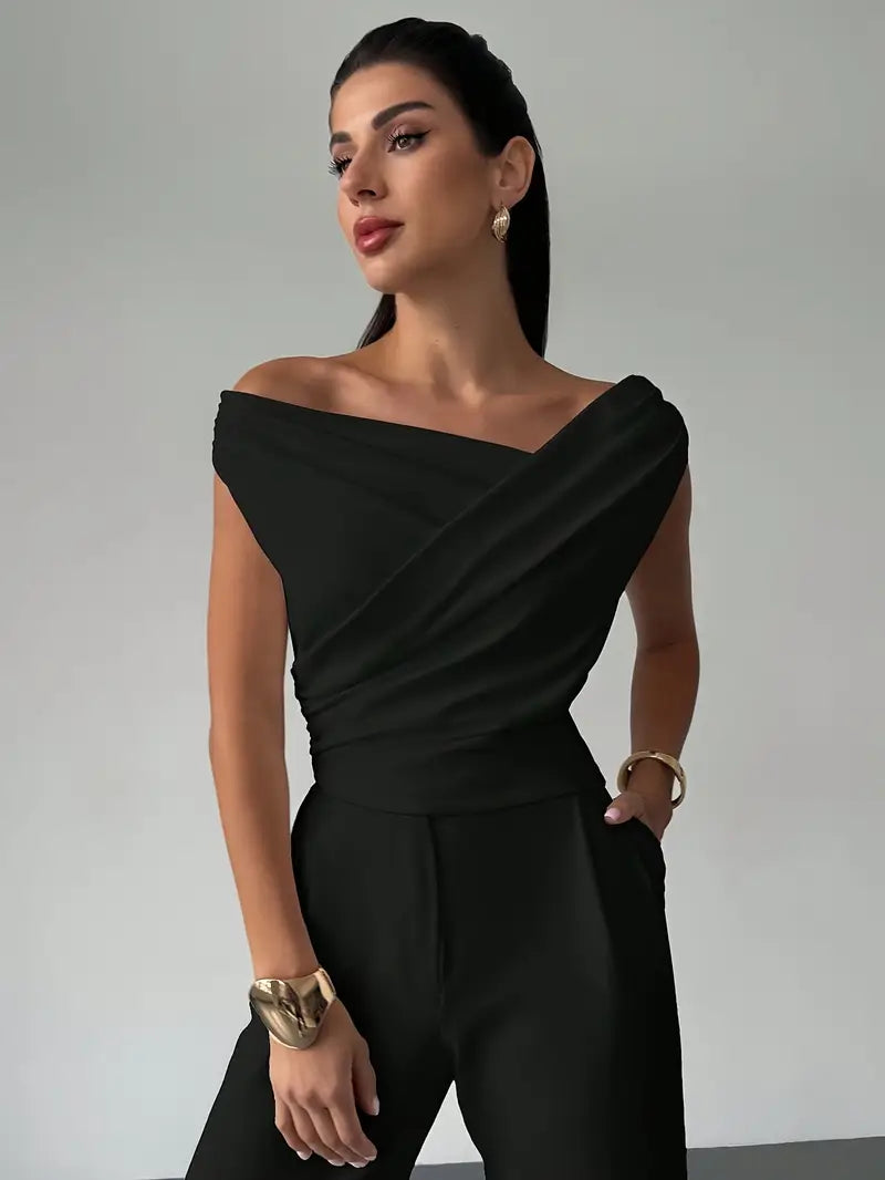 Honor | Women's Draped Shoulder Top | Cross Detail, Stretch