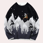 Christmas Sweater Men Embroidered Reindeer Rainbow Print Crew Neck