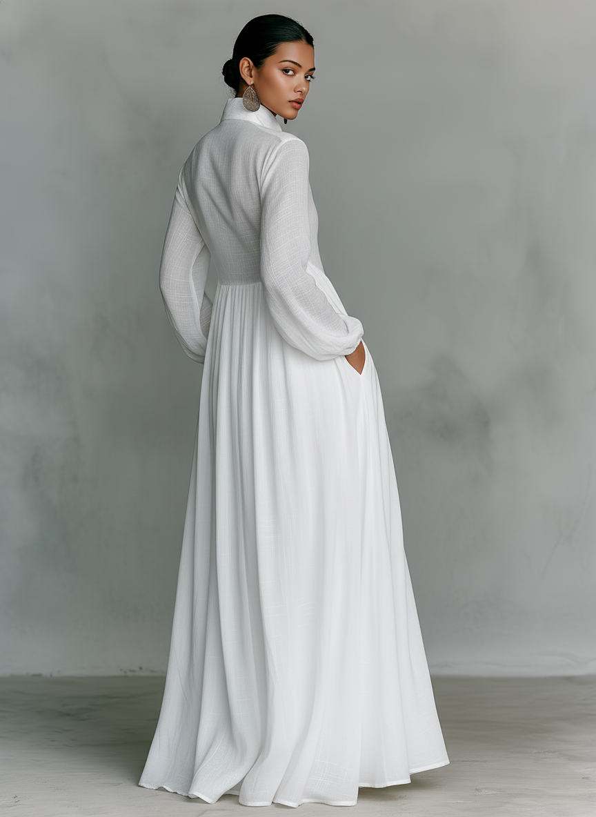 Maxi Dress Women Linen Patchwork Stand Up Collar Long Sleeve | Vera