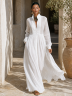 Maxi Dress Women Linen Patchwork Stand Up Collar Long Sleeve | Vera
