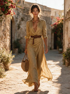 Thea | Maxi Dress | Lapel V-Neck, Belted Waist, Long Sleeve | Cotton Tencel