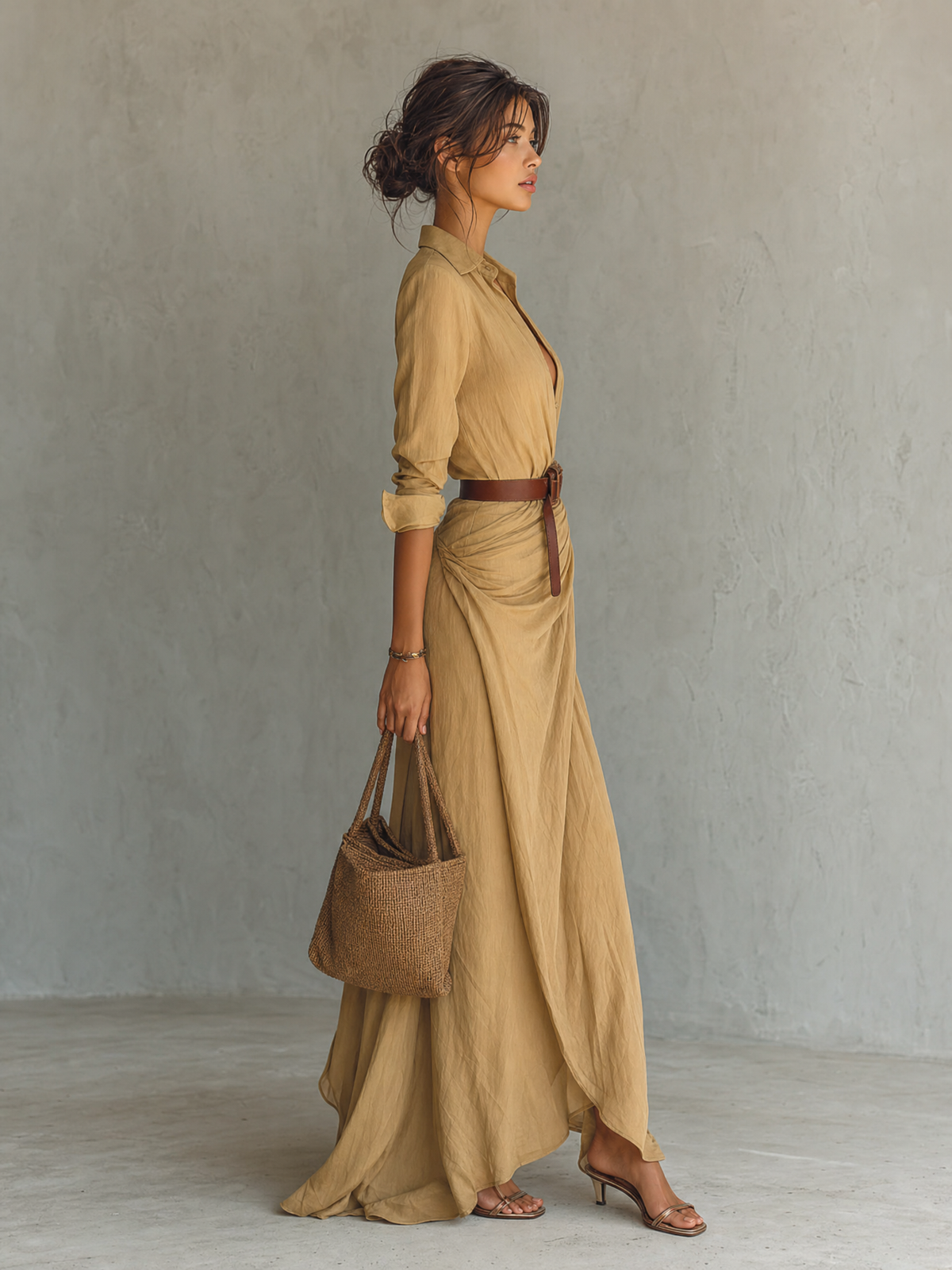 Thea | Maxi Dress | Lapel V-Neck, Belted Waist, Long Sleeve | Cotton Tencel